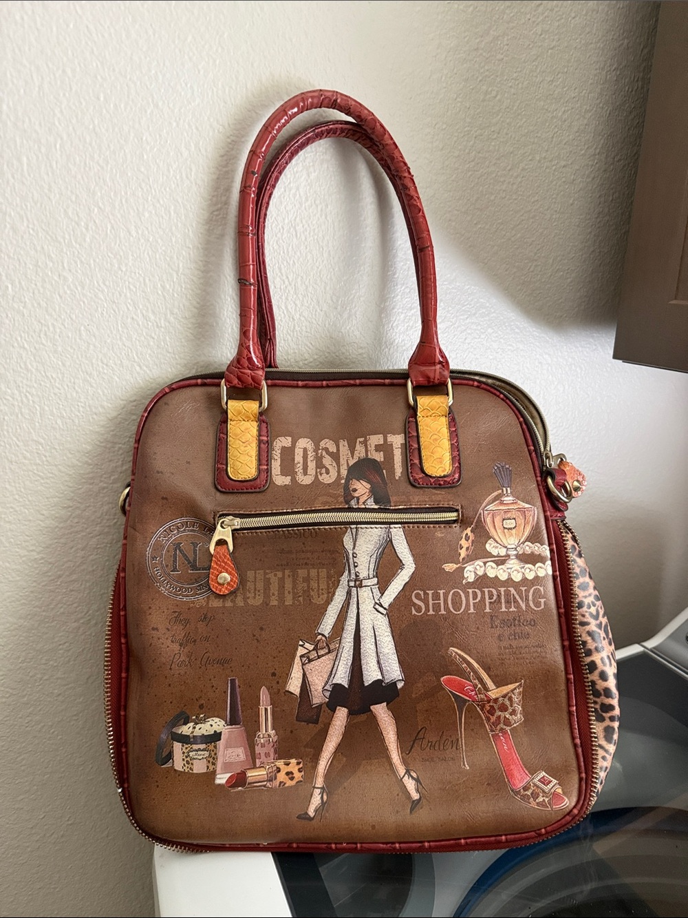 Nicole Lee Brown Satchel with Red & Yellow Accents